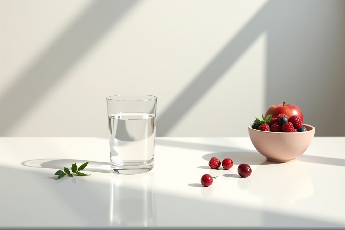 Espace cuisine moderne avec glof water et fruits pour {titre}