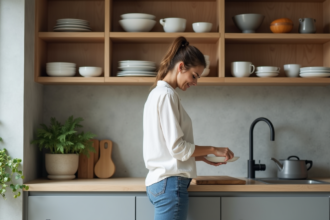 Femme arrangeant des assiettes en céramique dans une cuisine moderne