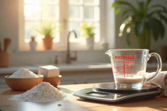 Table de cuisine en bois avec tasse à mesurer et balance numérique