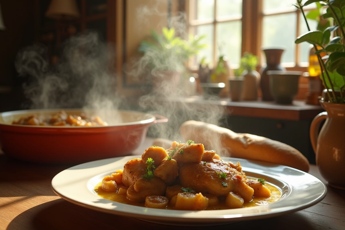 Cuisine rustique française avec plat de lapin à la moutarde
