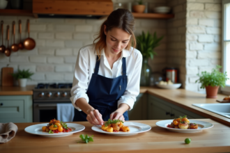 Femme en cuisine préparant coquilles SaintJacques et légumes