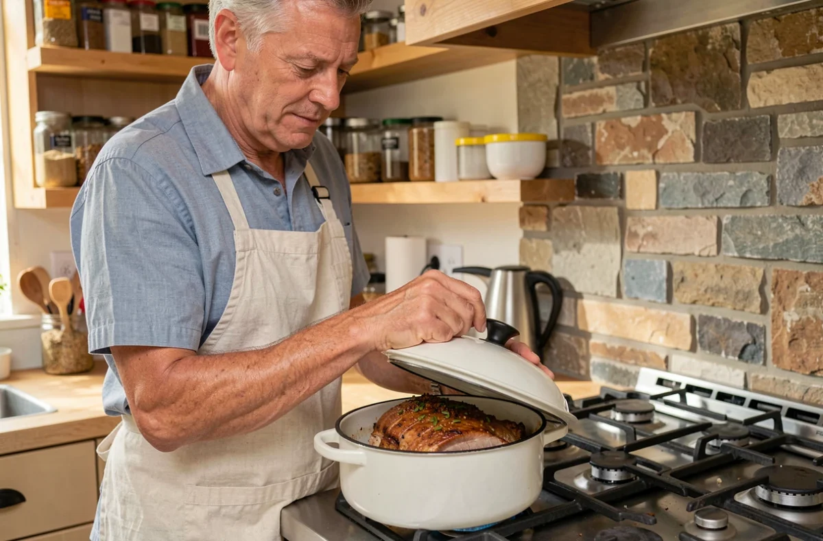 Cuisinier à domicile en tablier posant le couvercle sur une cocotte émaillée contenant un rôti de porc assaisonné dans une cuisine rustique
