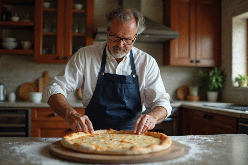 Homme en tablier marine posant une pizza sur une pierre dans une cuisine rustique