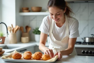 Femme en tablier blanc préparant des beignets d'aubergine dans la cuisine
