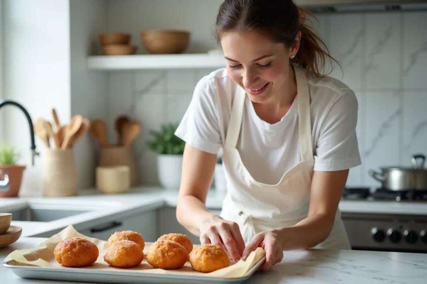 Femme en tablier blanc préparant des beignets d'aubergine dans la cuisine