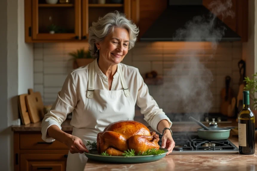 Femme en tablier blanc sortant un capon doré du four