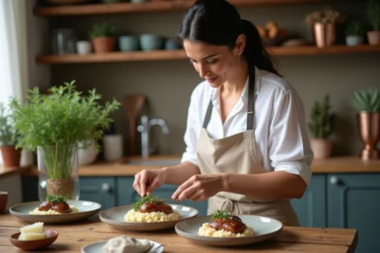 Femme en cuisine préparant un boudin noir avec risotto dans une cuisine chaleureuse