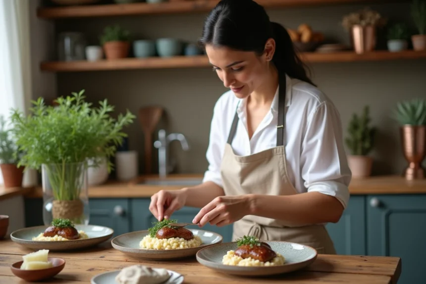 Femme en cuisine préparant un boudin noir avec risotto dans une cuisine chaleureuse