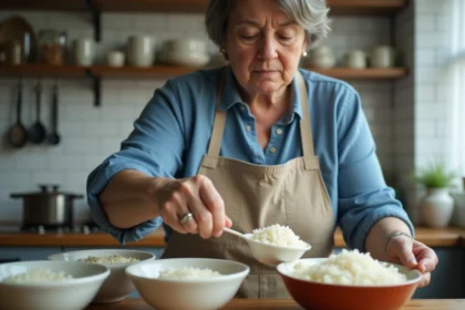 Femme cuisinant du riz dans une cuisine chaleureuse
