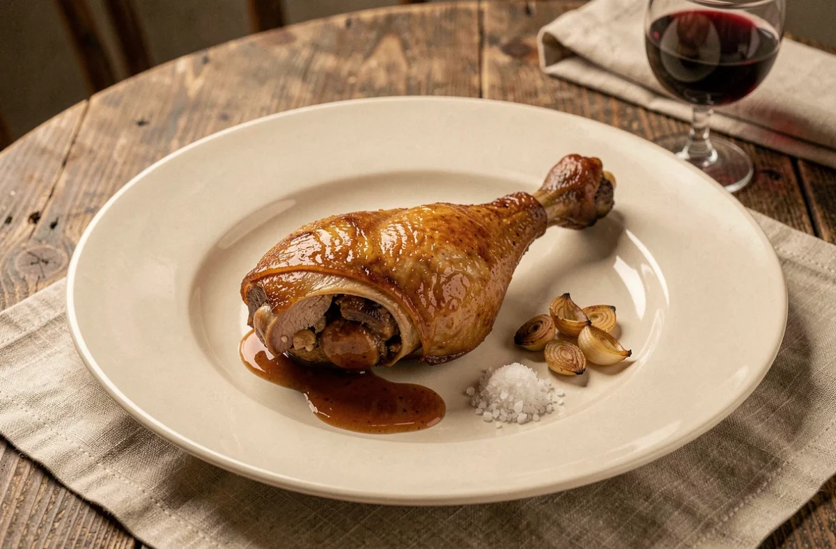 Cuisse de canard croustillante dressée sur assiette blanche avec jus de canard, échalotes rôties et fleur de sel, style bistrot français