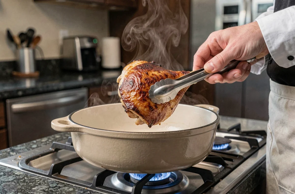 Mains soulevant une cuisse de canard croustillante avec des pinces depuis une cocotte émaillée sur un feu de gaz