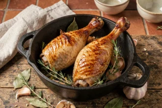 Cuisses de canard dorées dans une cocotte en fonte avec thym et ail, peau croustillante, photographie culinaire rustique