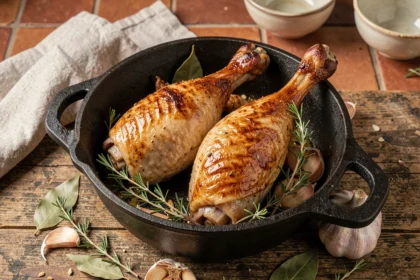 Cuisses de canard dorées dans une cocotte en fonte avec thym et ail, peau croustillante, photographie culinaire rustique