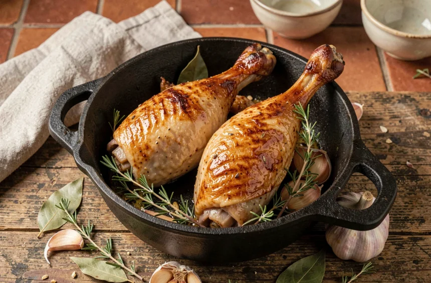 Cuisses de canard dorées dans une cocotte en fonte avec thym et ail, peau croustillante, photographie culinaire rustique