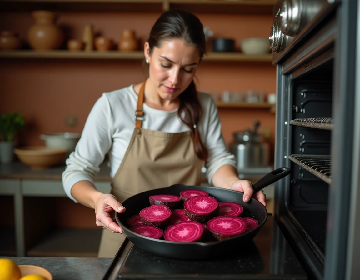 Cuisinière enfournant des betteraves rouges coupées en deux dans un plat en fonte pour une cuisson rôtie