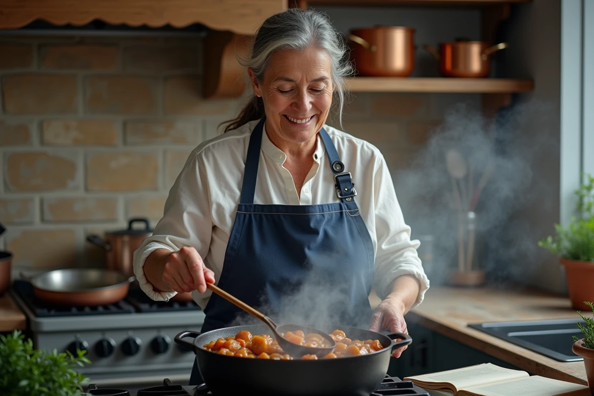 Femme cuisinant un cassoulet maison dans une cocotte en fonte sur une cuisinière à gaz dans une cuisine de campagne française traditionnelle