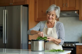 Femme qui prépare des haricots verts frais dans une cocotte-minute sur un plan de travail en marbre