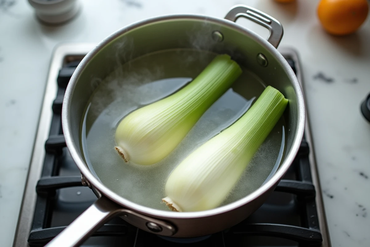 Poireaux de petite et grande taille en train de cuire dans une casserole d'eau bouillante sur une cuisinière à gaz
