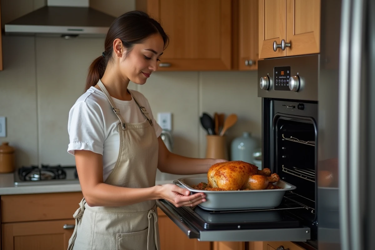 Femme débutante en cuisine enfournant un poulet rôti doré dans un four domestique moderne