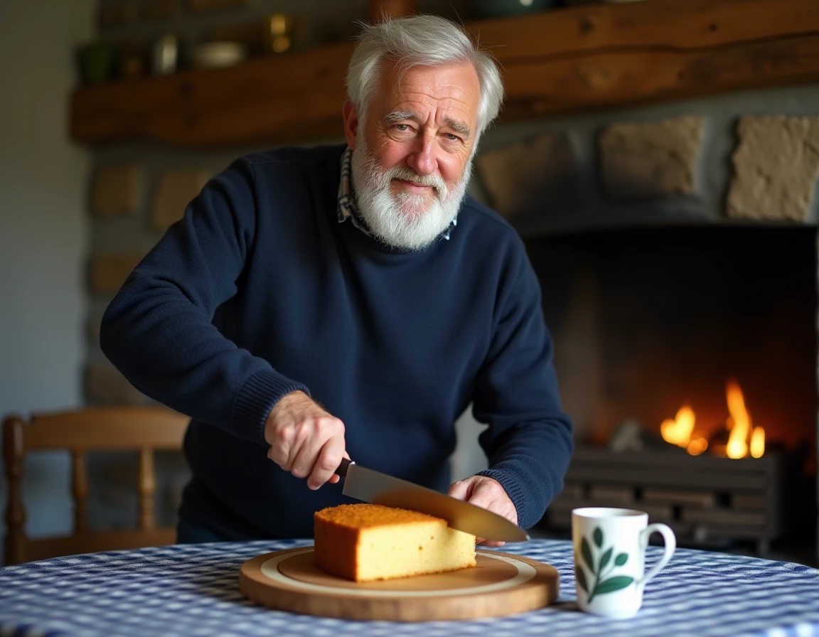 Homme âgé découpant un quatre-quarts breton dans une salle à manger bretonne traditionnelle avec cheminée en pierre