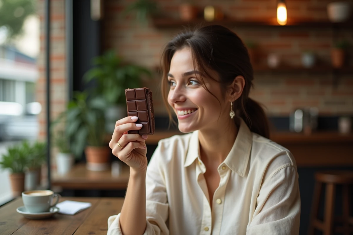 Femme dégustant un morceau de chocolat Dubaï dans un café chaleureux