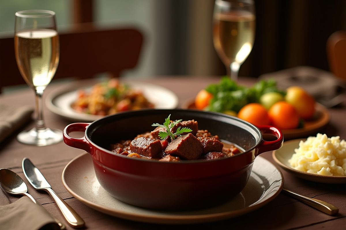 Table élégante avec bourguignon en cocotte et légumes colorés