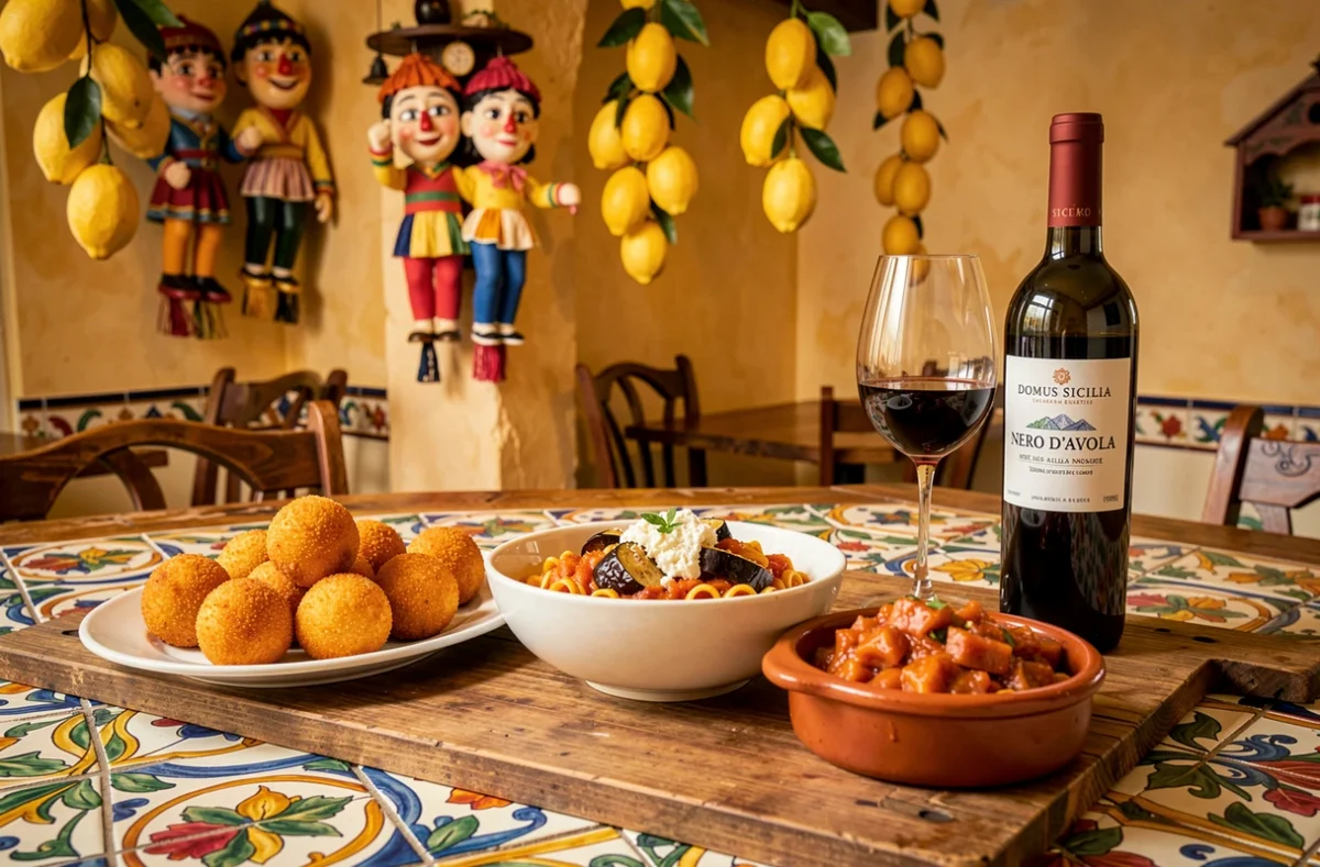 Repas sicilien généreux chez Domus Sicilia à Lille avec arancini, pasta alla Norma et caponata servis sur une table en céramique peinte traditionnelle