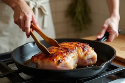 Femme faisant dorer un rôti de porc dans une poêle en fonte avant cuisson au Cookeo