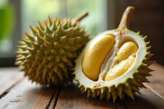 Durian entier et section ouverte montrant la pulpe crémeuse