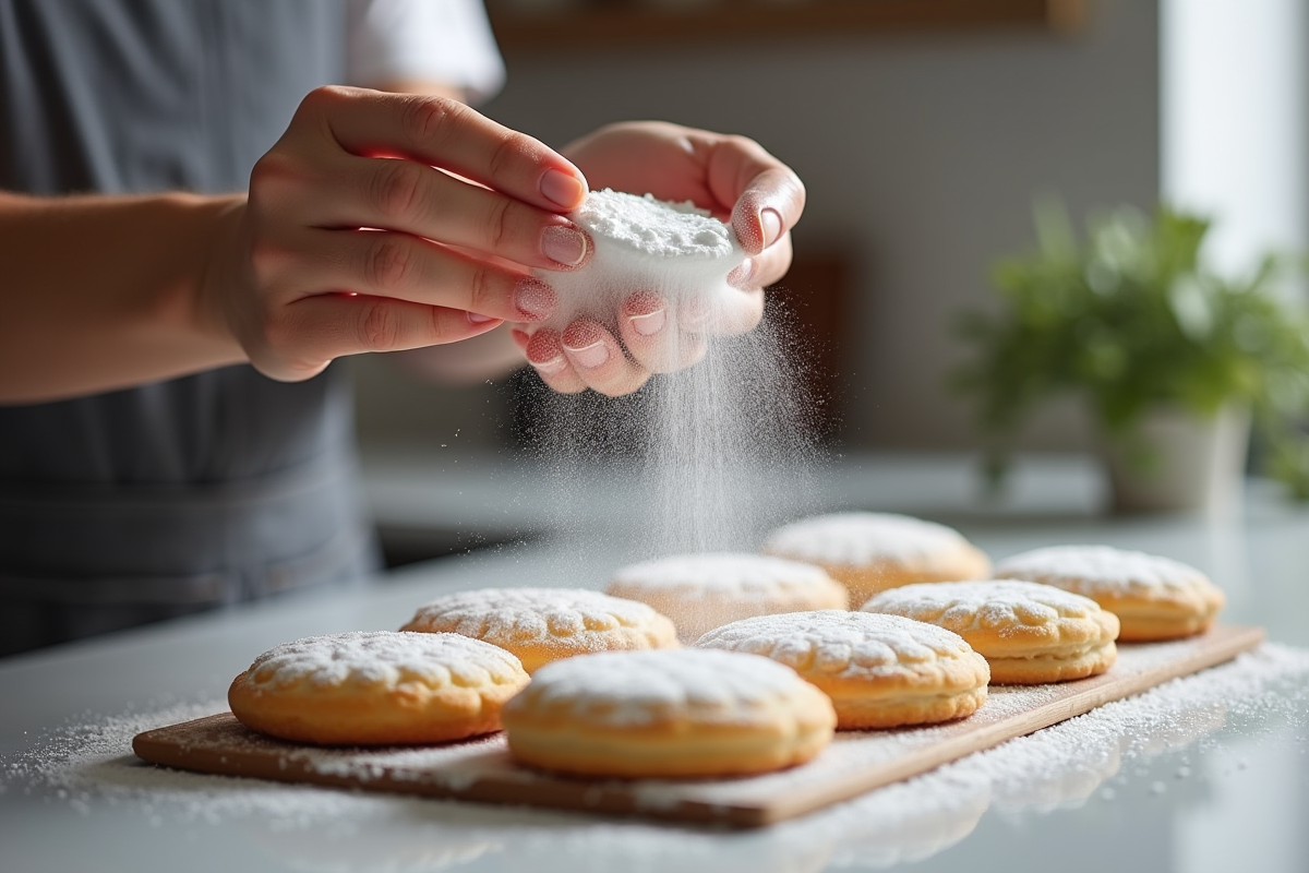 Main saupoudrant du sucre glace sur biscuits ladyfinger