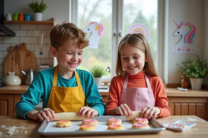 Deux enfants roulent des cookies arc-en-ciel dans la cuisine