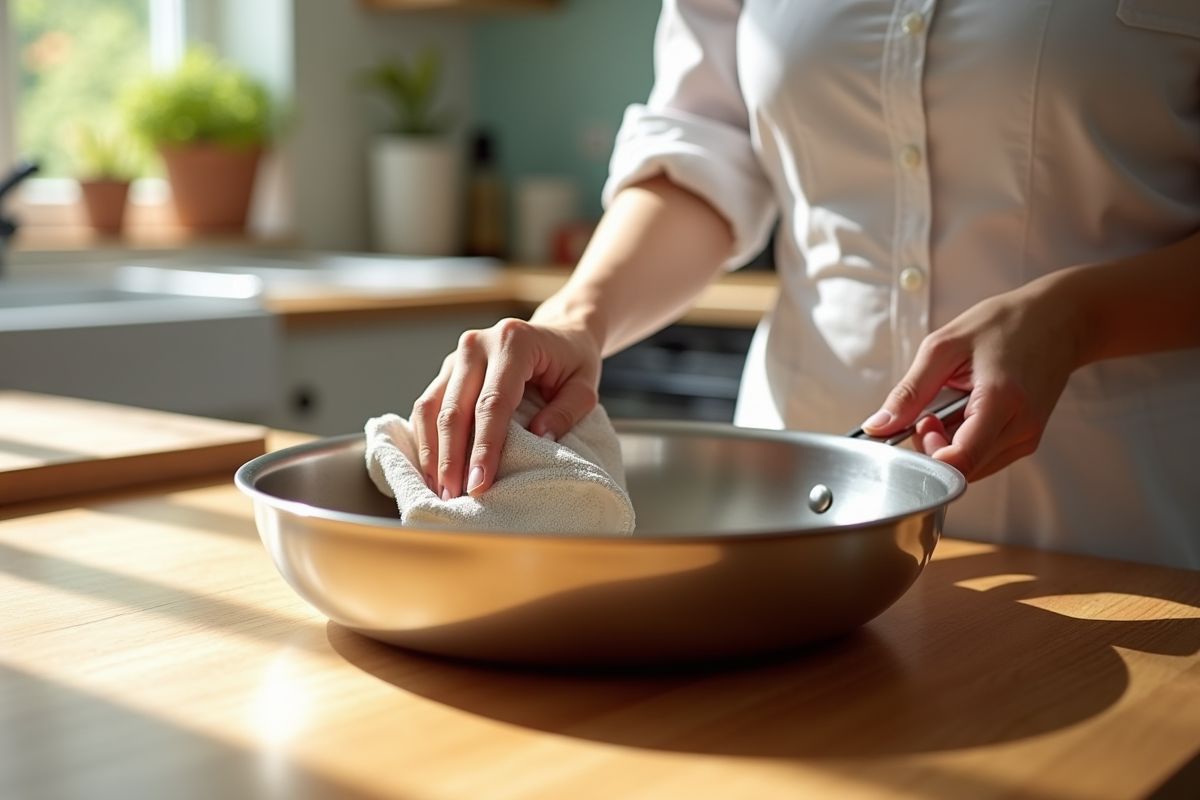 Mains essuyant une poêle en inox sur un plan de travail en bois