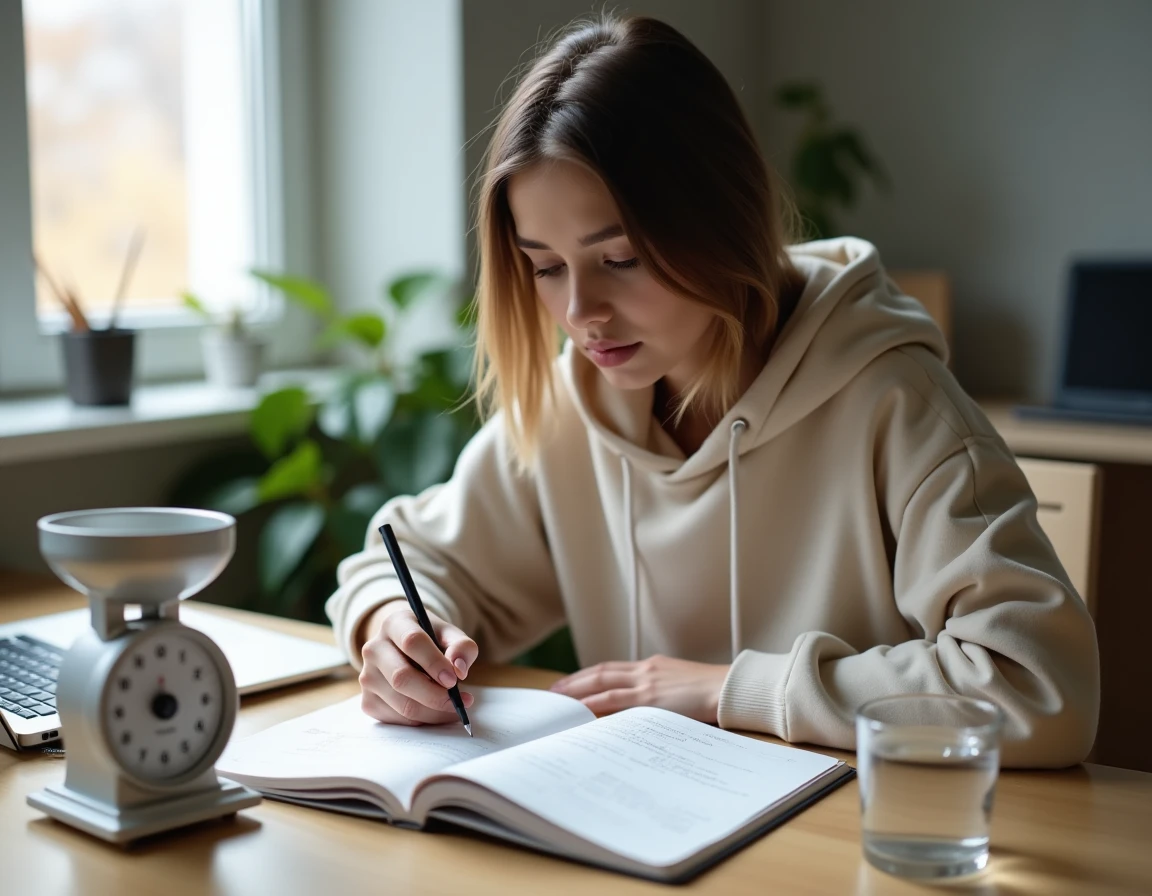 Jeune femme calculant la conversion litre en kilogramme dans un cahier de notes sur un bureau en bois