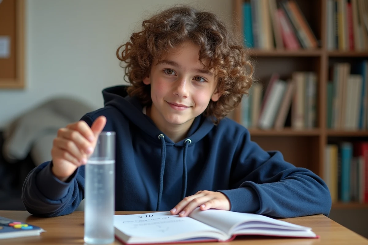 Étudiant lisant une éprouvette graduée à 125 ml avec une astuce mnémotechnique dans un carnet scolaire