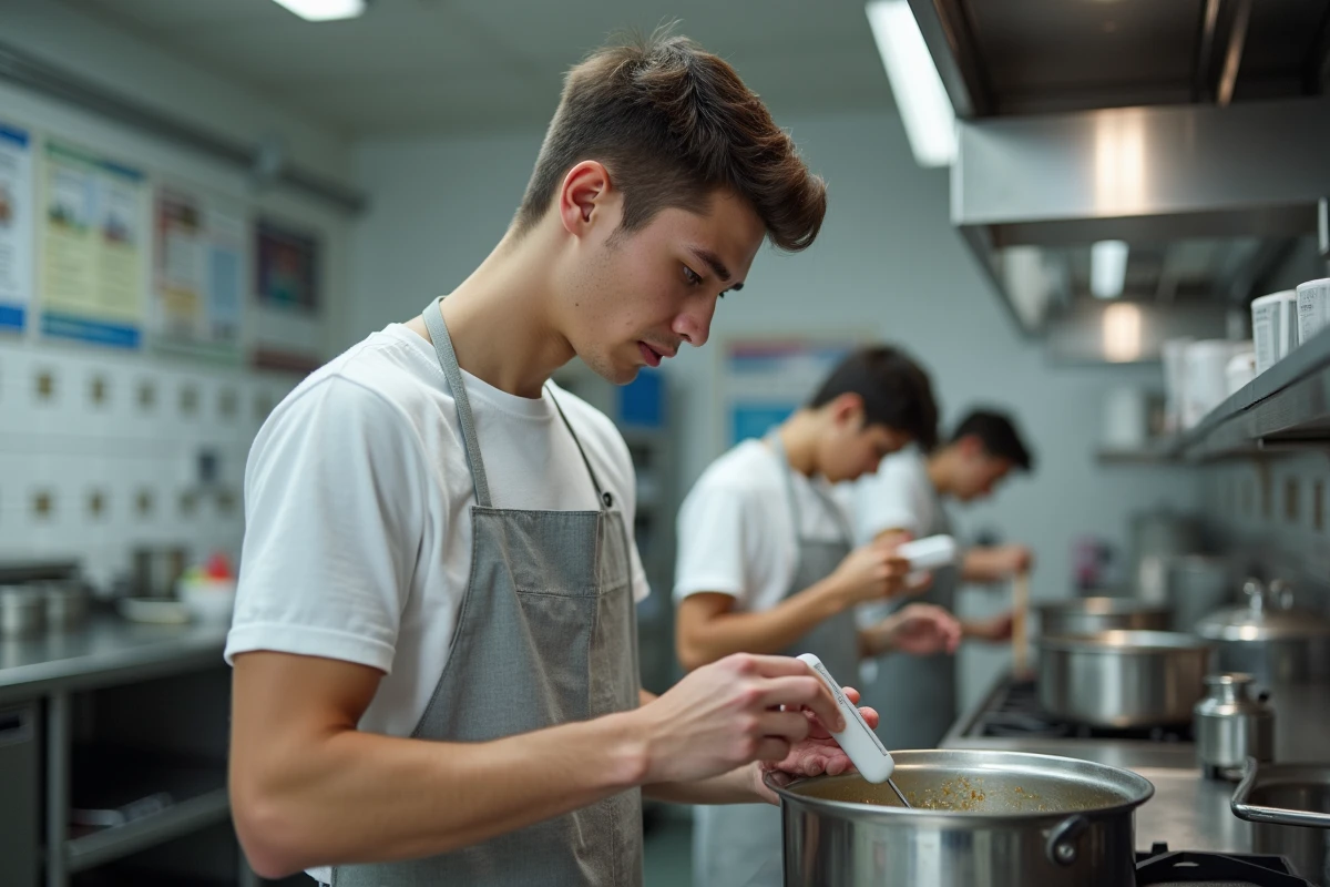 Étudiant en pâtisserie vérifiant la température du sirop de sucre avec un thermomètre numérique lors de la préparation d'une pâte à bombe dans une cuisine d'école culinaire