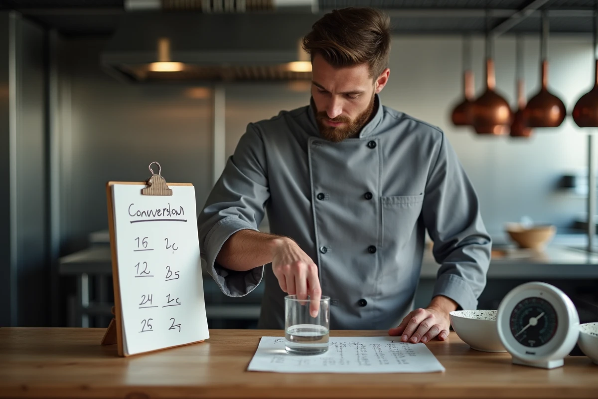 Étudiant en cuisine consultant un tableau de conversion centilitres en grammes à côté d'un bécher gradué dans une cuisine professionnelle