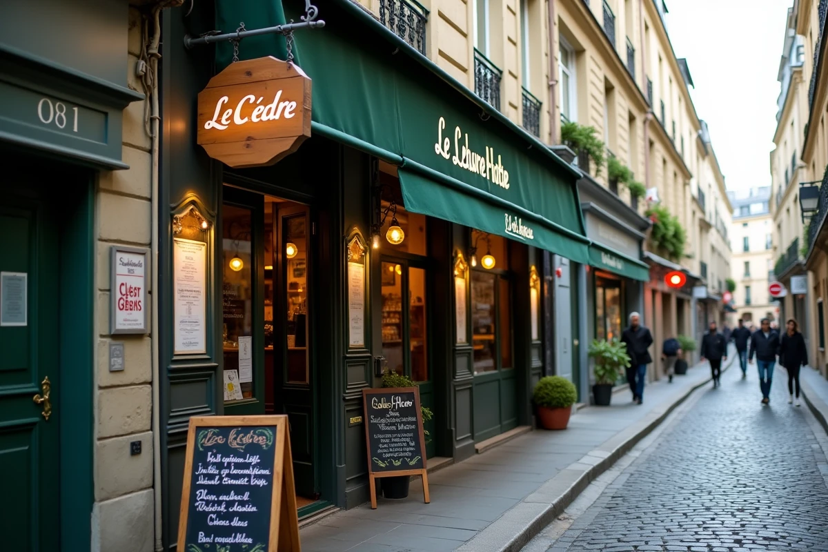 Façade du restaurant libanais halal Le Cèdre rue Mouffetard à Paris avec enseigne en bois et terrasse sur pavés