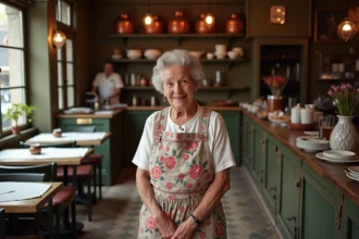 Femme âgée dans un bouchon lyonnais traditionnel
