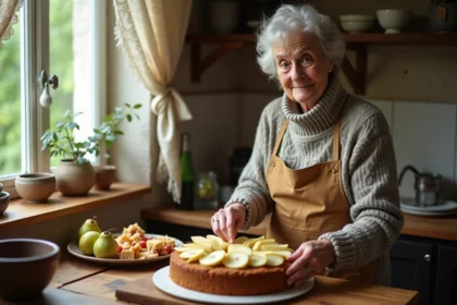 Femme âgée préparant un gâteau aux poires dans une cuisine chaleureuse