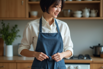 Femme portant un tablier japonais dans une cuisine chaleureuse
