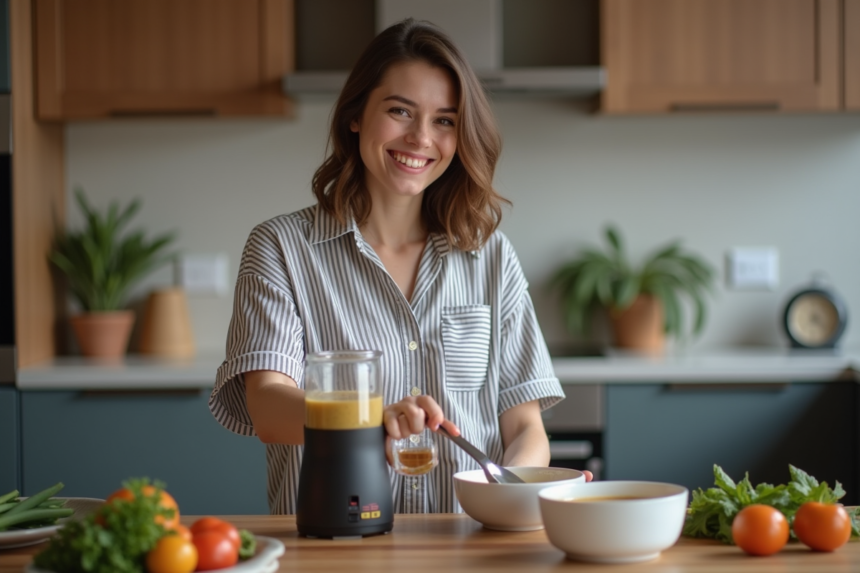 Femme versant soupe chaude dans un bol en cuisine moderne