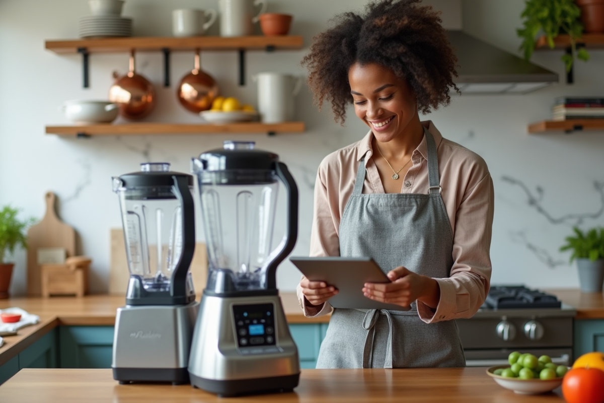 Jeune femme comparant deux blenders dans une cuisine chaleureuse