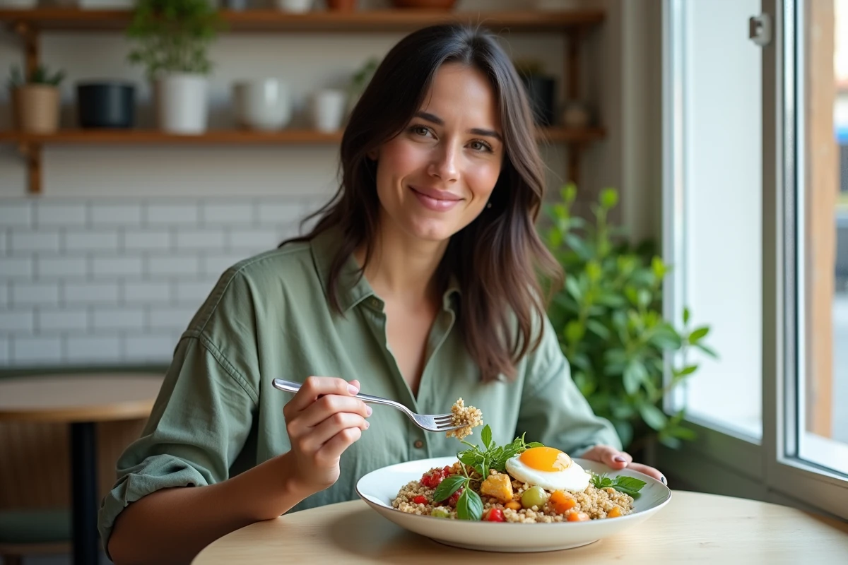 Femme dégustant un bowl healthy au quinoa et légumes rôtis dans un café lumineux à Hyères