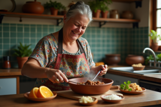 Femme brésilienne souriante servant feijoada dans un bol en terre cuite
