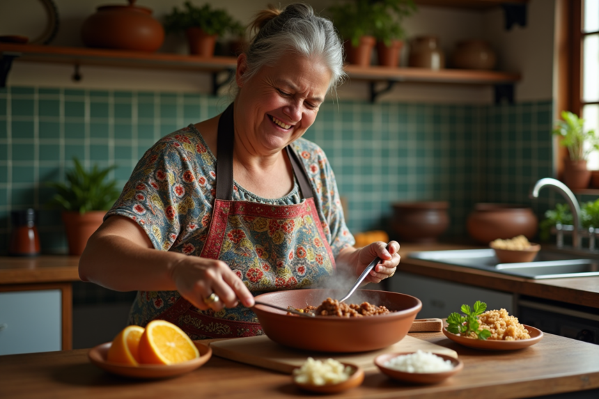 Femme brésilienne souriante servant feijoada dans un bol en terre cuite