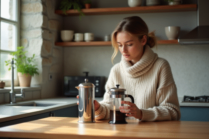 Jeune femme compare deux cafetières dans une cuisine lumineuse