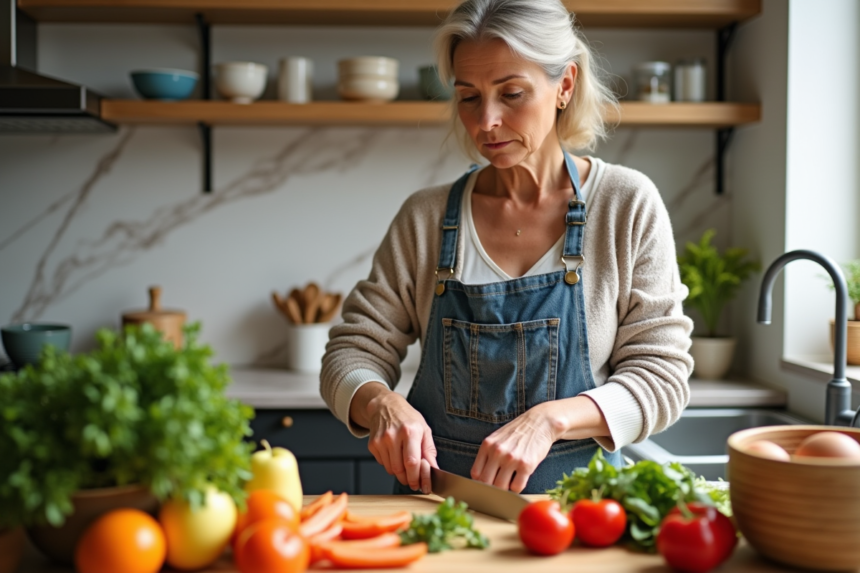 Femme en cuisine coupant des légumes frais