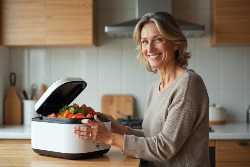 Femme souriante dans une cuisine moderne avec appareil à légumes