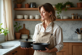 Femme méditative avec cocotte en cuisine lumineuse