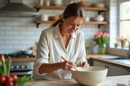 Femme française préparant la pâte à crêpes dans une cuisine lumineuse